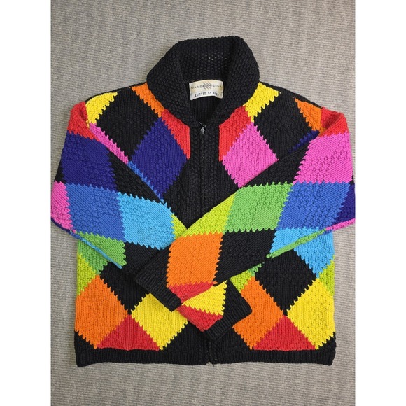 Marisa Christina Sweaters - Marisa Christina Hand Knit Rainbow Zip Cardigan Sweater Womens Chunky Argyle